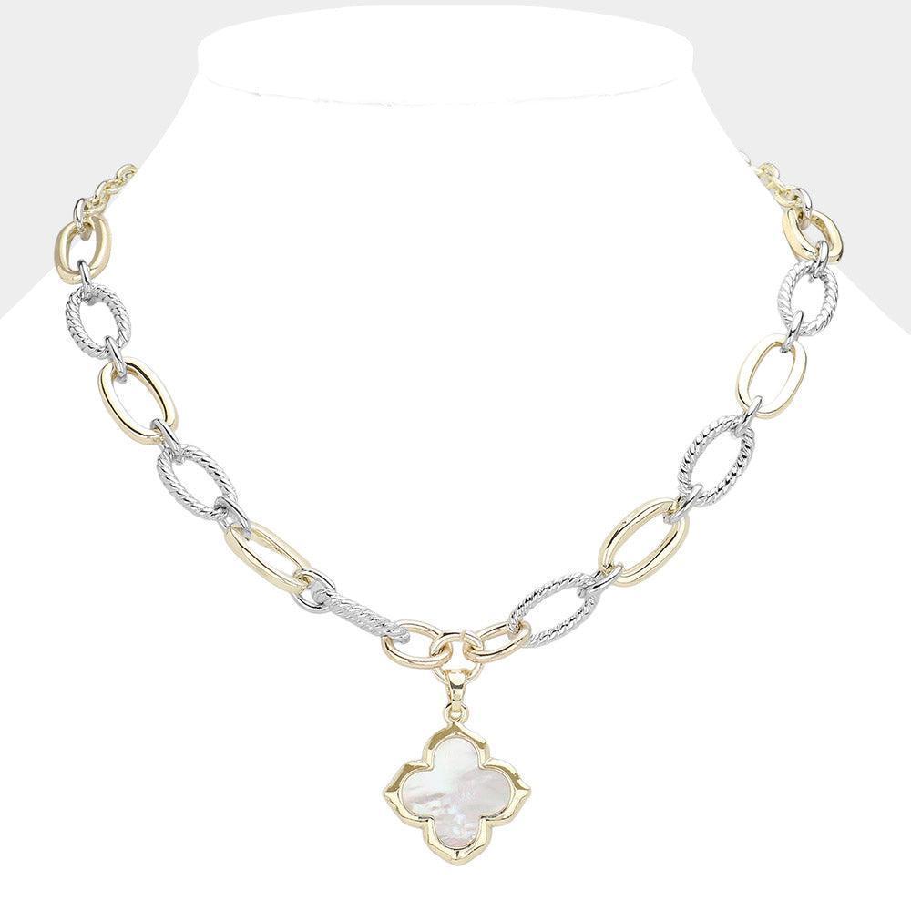 Gold 14K Gold Plated Two Tone Mother Of Pearl Quatrefoil Pendant Necklace - Jewelry Store by Erik Rayo
