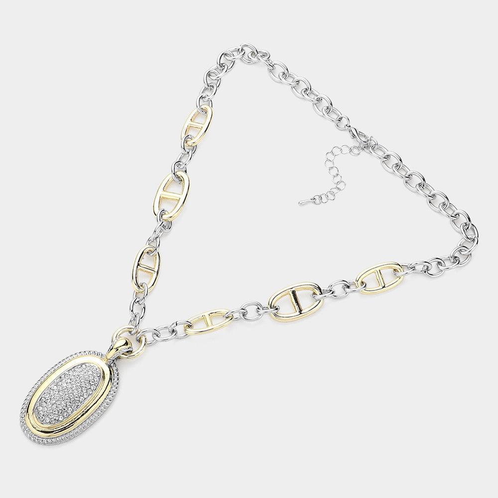 Gold 14K Gold Plated Stone Paved Oval Pendant Two Tone Bold Chain Necklace - Jewelry Store by Erik Rayo