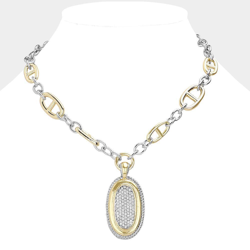 Gold 14K Gold Plated Stone Paved Oval Pendant Two Tone Bold Chain Necklace - Jewelry Store by Erik Rayo