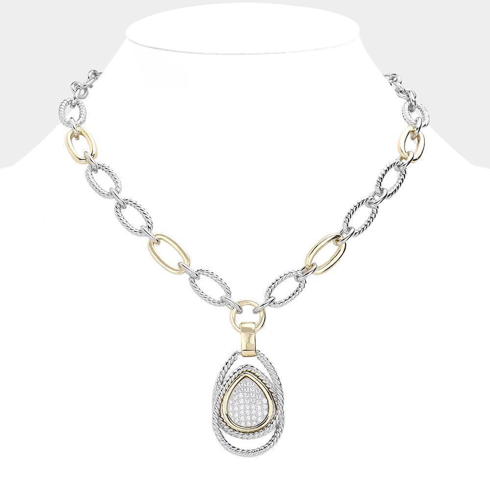 Gold 14K Gold Plated Two Tone CZ Stone Paved Abstract Pendant Chunky Chain Necklace - Jewelry Store by Erik Rayo