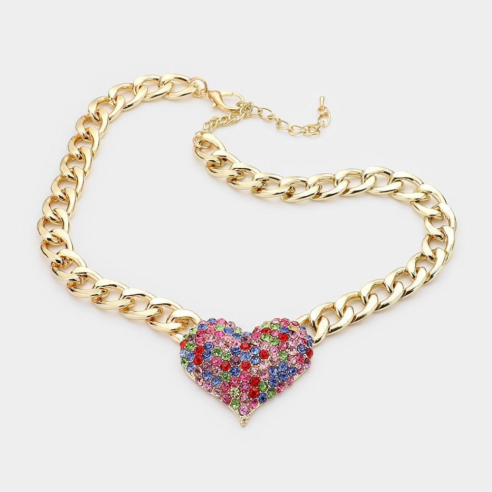 Gold Heart Rhinestone Pave Chunky Metal Chain Necklace - Jewelry Store by Erik Rayo