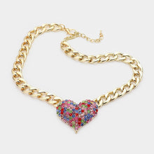 Load image into Gallery viewer, Gold Heart Rhinestone Pave Chunky Metal Chain Necklace
