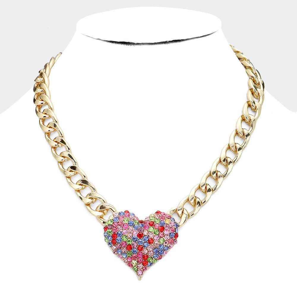 Gold Heart Rhinestone Pave Chunky Metal Chain Necklace