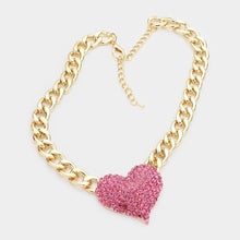 Load image into Gallery viewer, Pink Heart Rhinestone Pave Chunky Metal Chain Necklace
