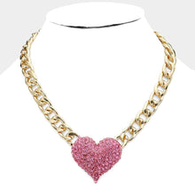 Load image into Gallery viewer, Pink Heart Rhinestone Pave Chunky Metal Chain Necklace
