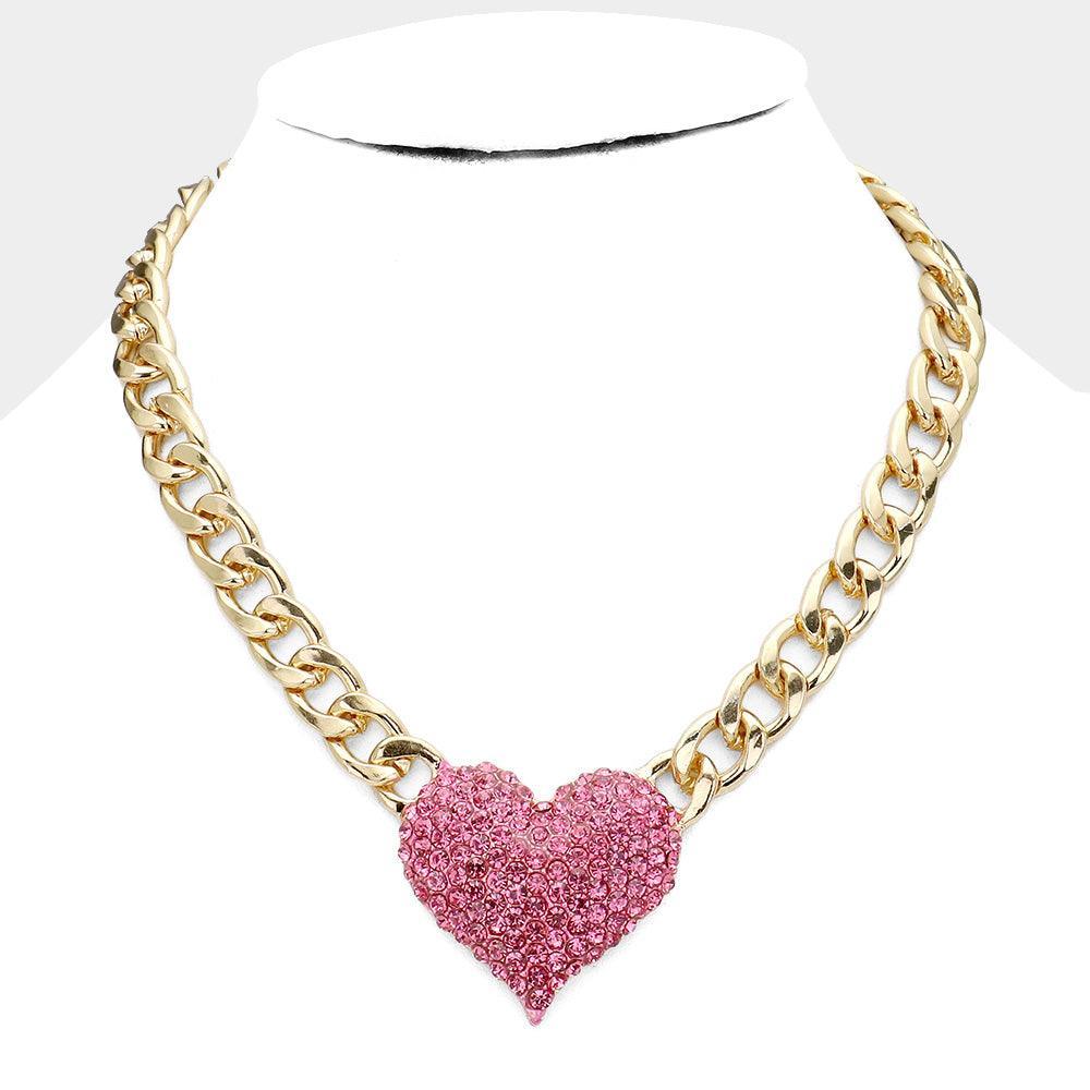 Pink Heart Rhinestone Pave Chunky Metal Chain Necklace