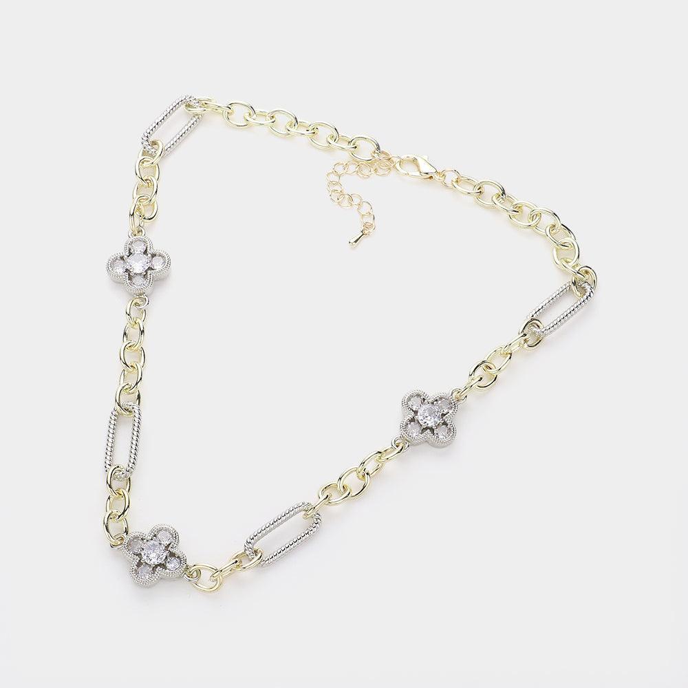 Gold 14K Gold Plated CZ Stone Paved Quatrefoil Pointed Station Chunky Chain Necklace - Jewelry Store by Erik Rayo