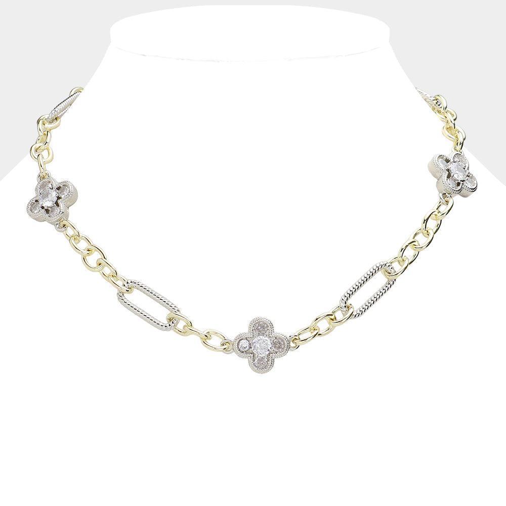 Gold 14K Gold Plated CZ Stone Paved Quatrefoil Pointed Station Chunky Chain Necklace - Jewelry Store by Erik Rayo