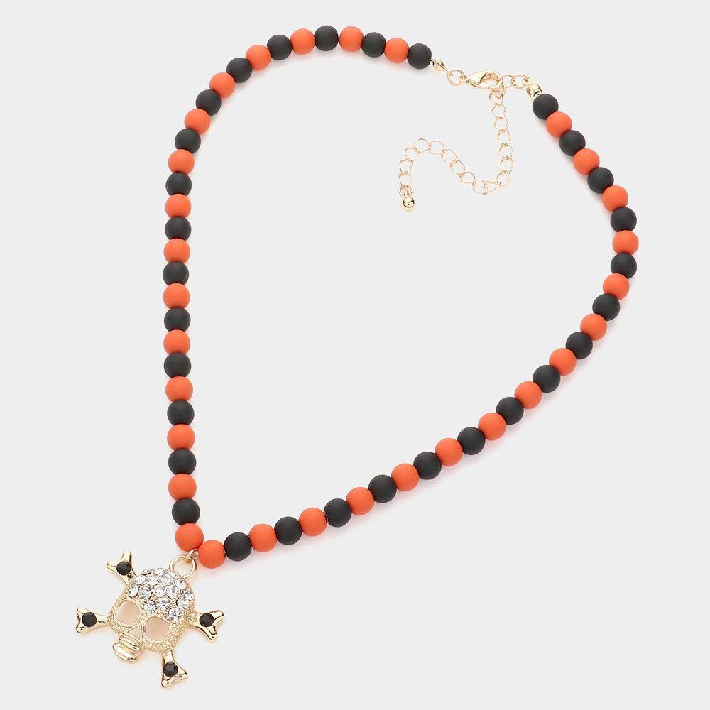 Gold Rhinestone Embellished Skull Pendant Beaded Necklace - Jewelry Store by Erik Rayo