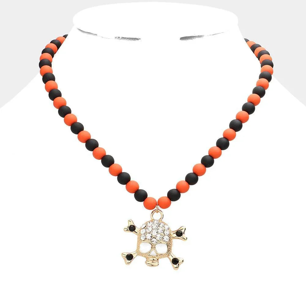 Gold Rhinestone Embellished Skull Pendant Beaded Necklace - Jewelry Store by Erik Rayo