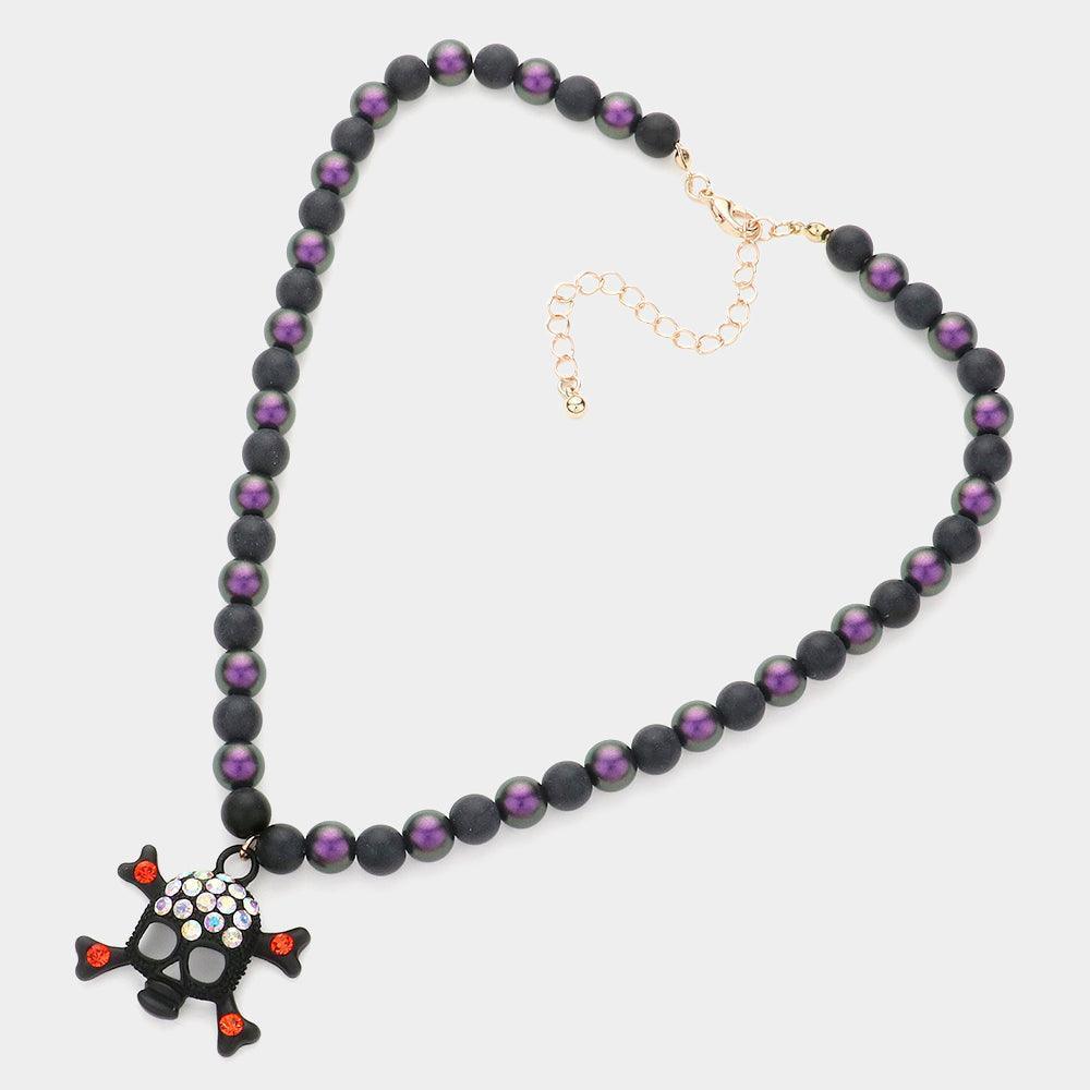 Black Rhinestone Embellished Skull Pendant Beaded Necklace - Jewelry Store by Erik Rayo