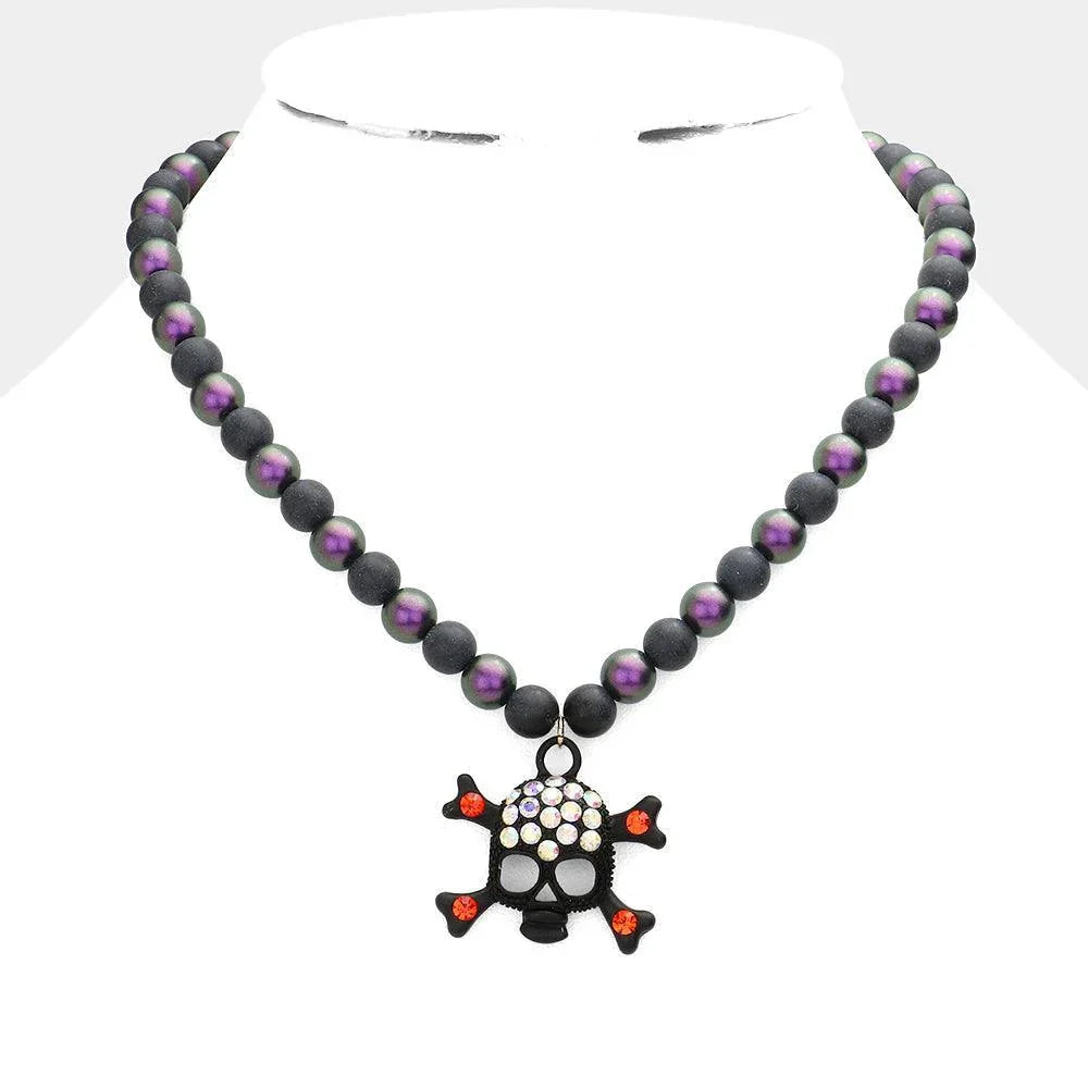 Black Rhinestone Embellished Skull Pendant Beaded Necklace - Jewelry Store by Erik Rayo
