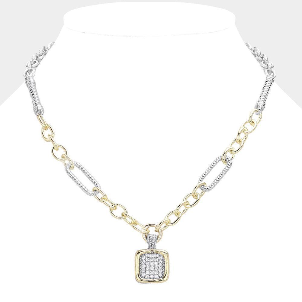 Gold 14K Gold Plated CZ Stone Paved Square Pendant Necklace - Jewelry Store by Erik Rayo