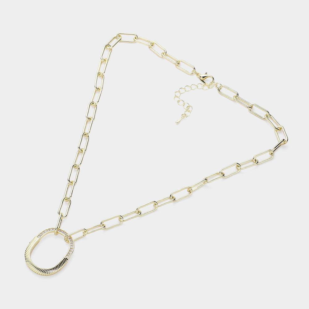 Gold 14K Gold Plated CZ Stone Paved Lock Pendant Paper Clip Chain Necklace - Jewelry Store by Erik Rayo