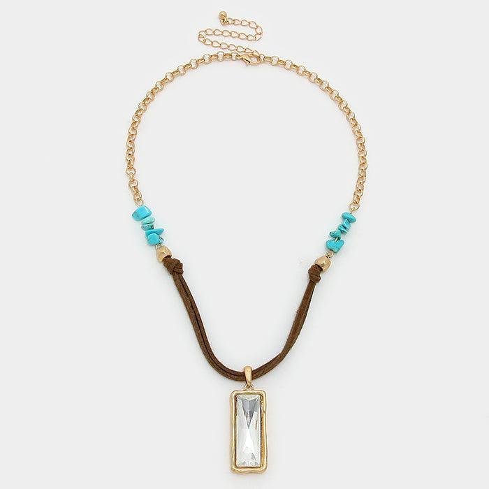 Turquoise Rectangle Crystal Drop Suede Necklace with Turquoise Stones - Jewelry Store by Erik Rayo