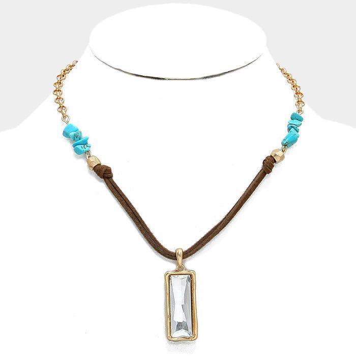 Turquoise Rectangle Crystal Drop Suede Necklace with Turquoise Stones - Jewelry Store by Erik Rayo