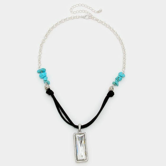 Turquoise Rectangle Crystal Drop Suede Necklace with Turquoise Stones - Jewelry Store by Erik Rayo