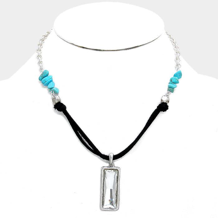 Turquoise Rectangle Crystal Drop Suede Necklace with Turquoise Stones