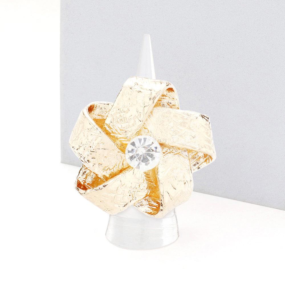 Gold Round Stone Center Metal Flower Stretch Ring