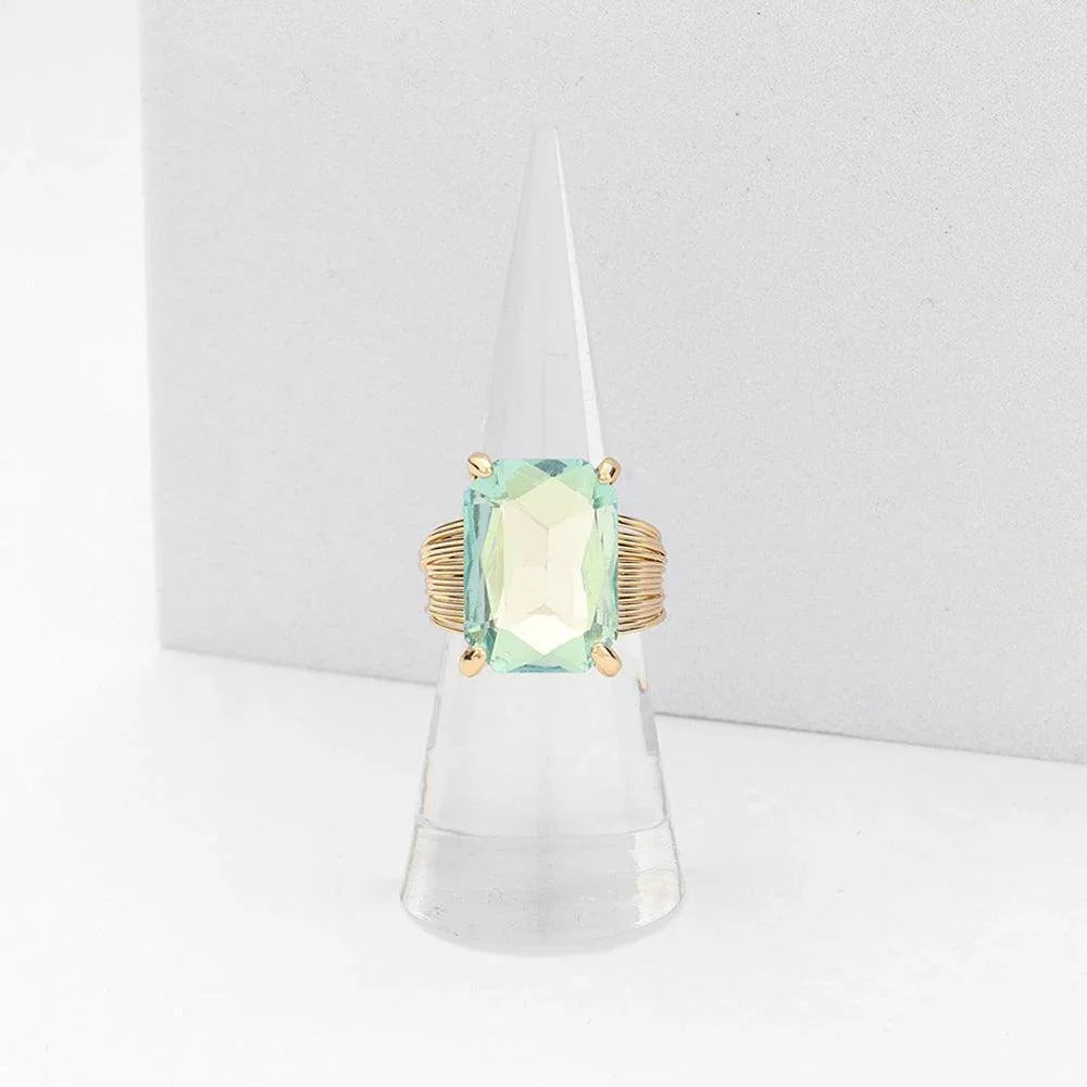 Aqua Emerald Cut Stone Adjustable Ring - Jewelry Store by Erik Rayo