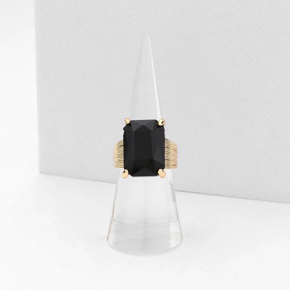 Black Emerald Cut Stone Adjustable Ring - Jewelry Store by Erik Rayo