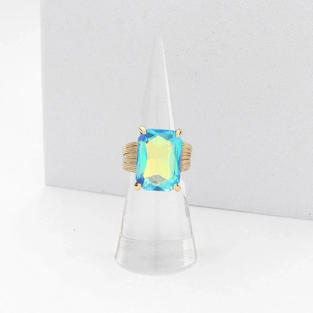 Blue Emerald Cut Stone Adjustable Ring - Jewelry Store by Erik Rayo