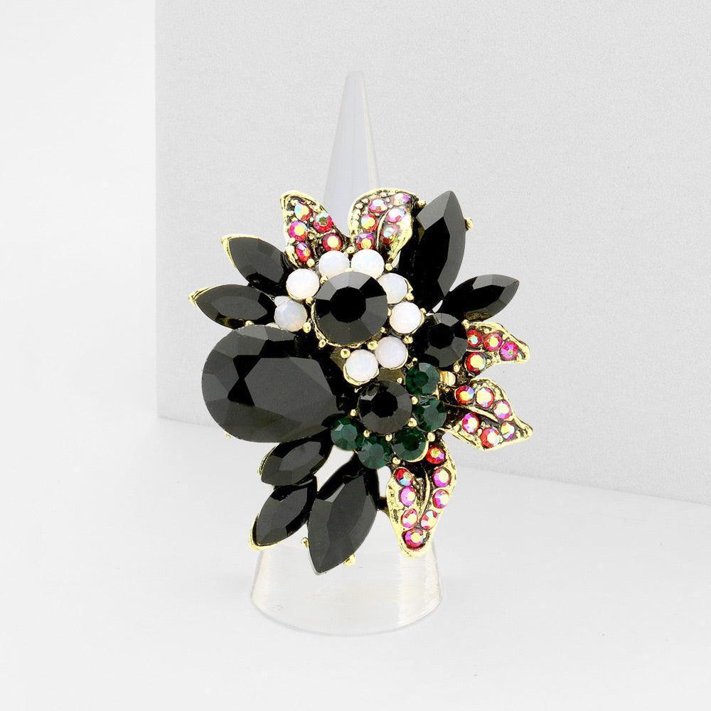 Black Floral Multi Stone Stretch Ring - Jewelry Store by Erik Rayo