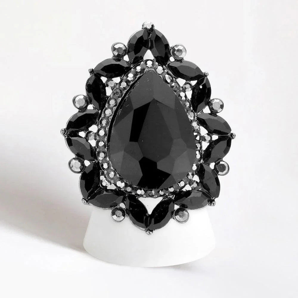 Black Teardrop Stone Centered Round Marquise Stone Trimmed Stretch Ring - Jewelry Store by Erik Rayo