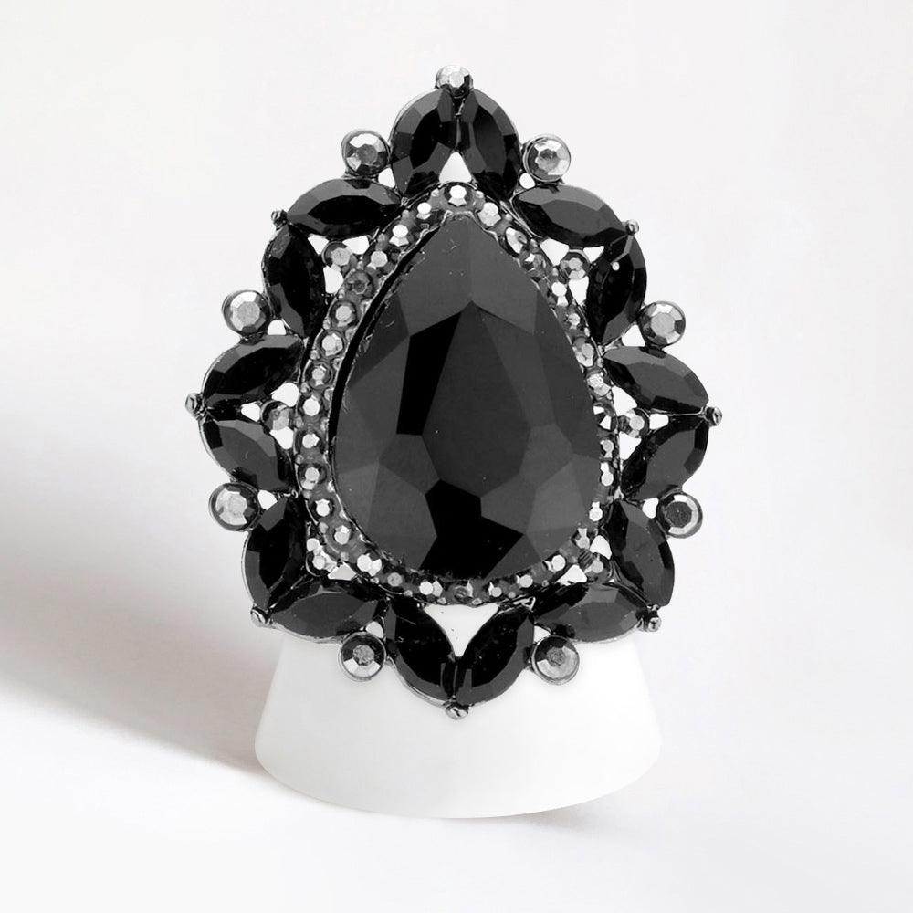 Black Teardrop Stone Centered Round Marquise Stone Trimmed Stretch Ring