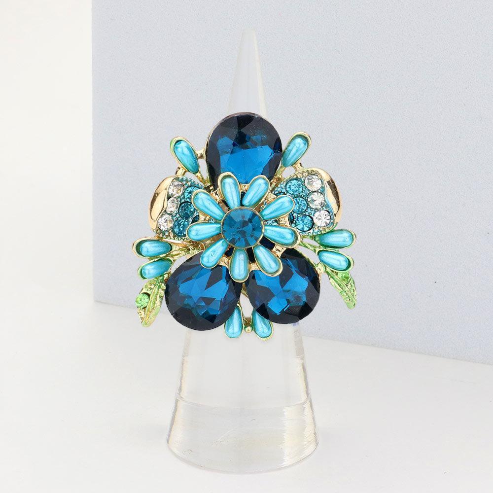 Blue Pearl Embellished Teardrop Stone Accented Flower Stretch Ring - Jewelry Store by Erik Rayo