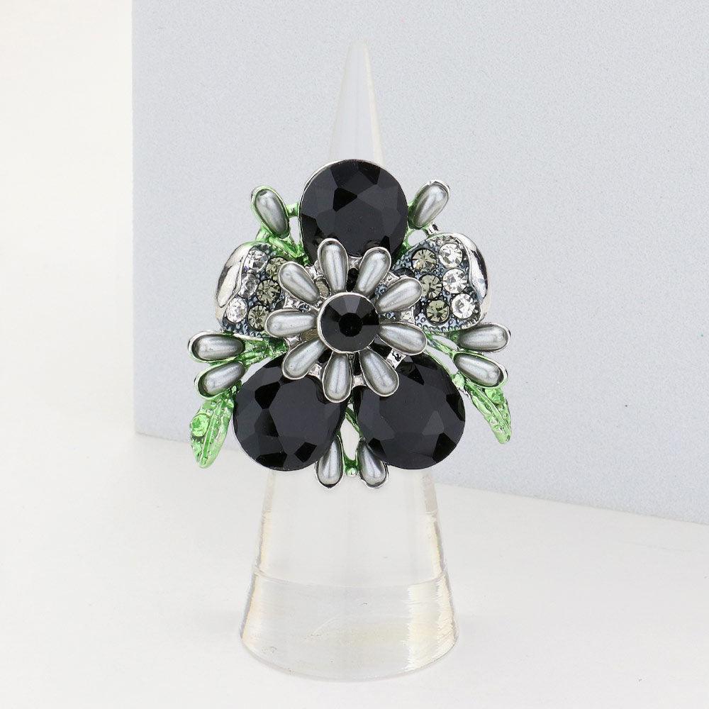 Black Pearl Embellished Teardrop Stone Accented Flower Stretch Ring - Jewelry Store by Erik Rayo
