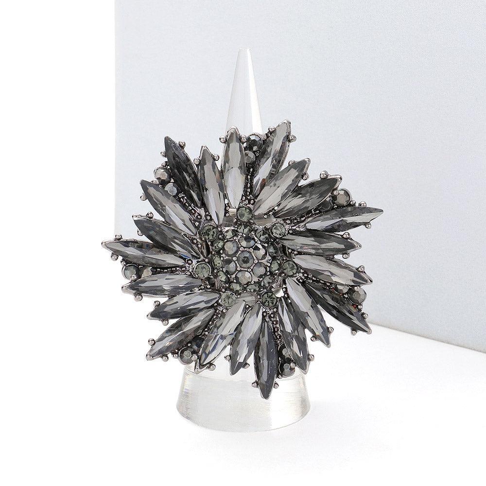 Black Crystal Marquise Cluster Floral Stretch Ring - Jewelry Store by Erik Rayo