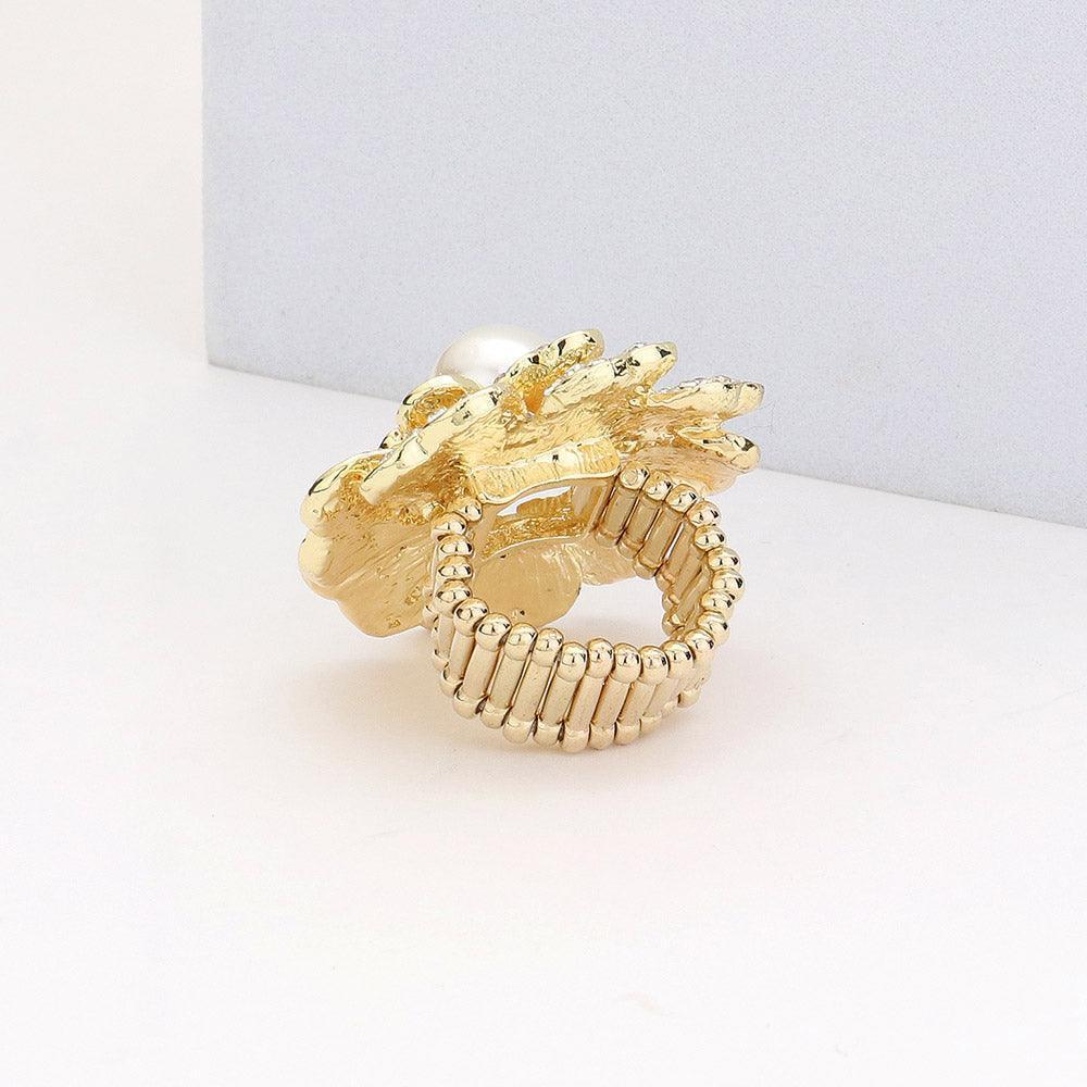 Clear Crystal Pave Pearl Flower Stretch Ring - Jewelry Store by Erik Rayo