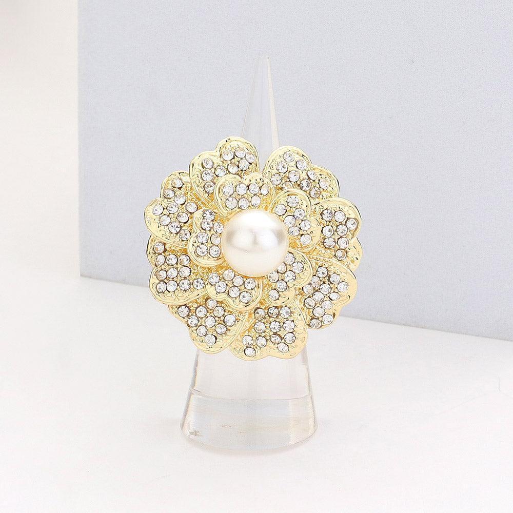 Clear Crystal Pave Pearl Flower Stretch Ring - Jewelry Store by Erik Rayo