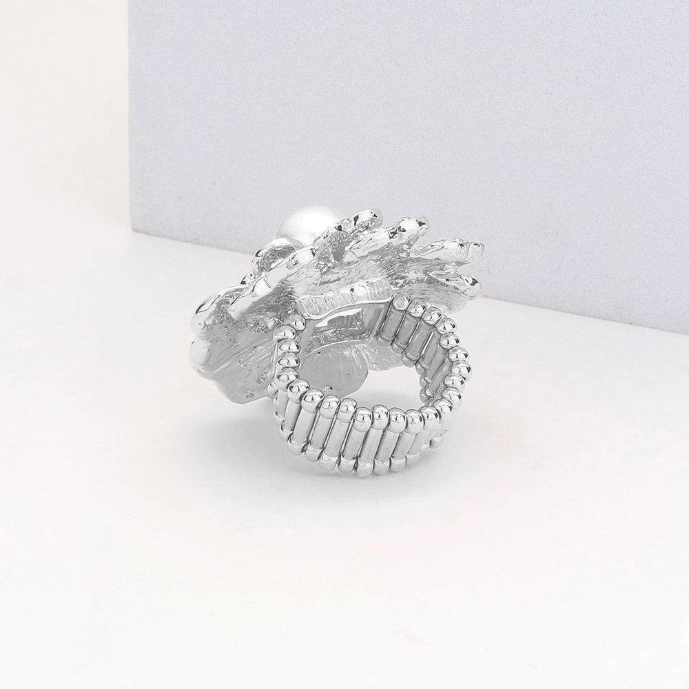 Clear Crystal Pave Pearl Flower Stretch Ring - Jewelry Store by Erik Rayo
