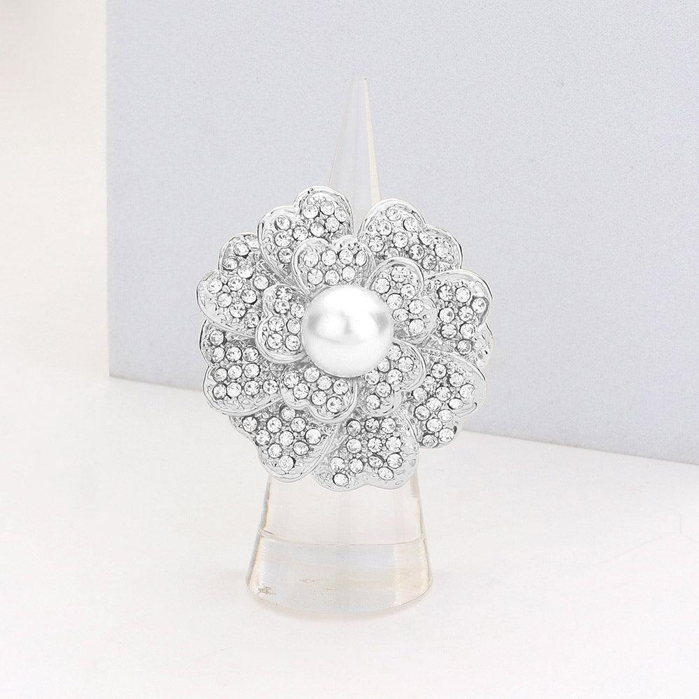 Clear Crystal Pave Pearl Flower Stretch Ring - Jewelry Store by Erik Rayo