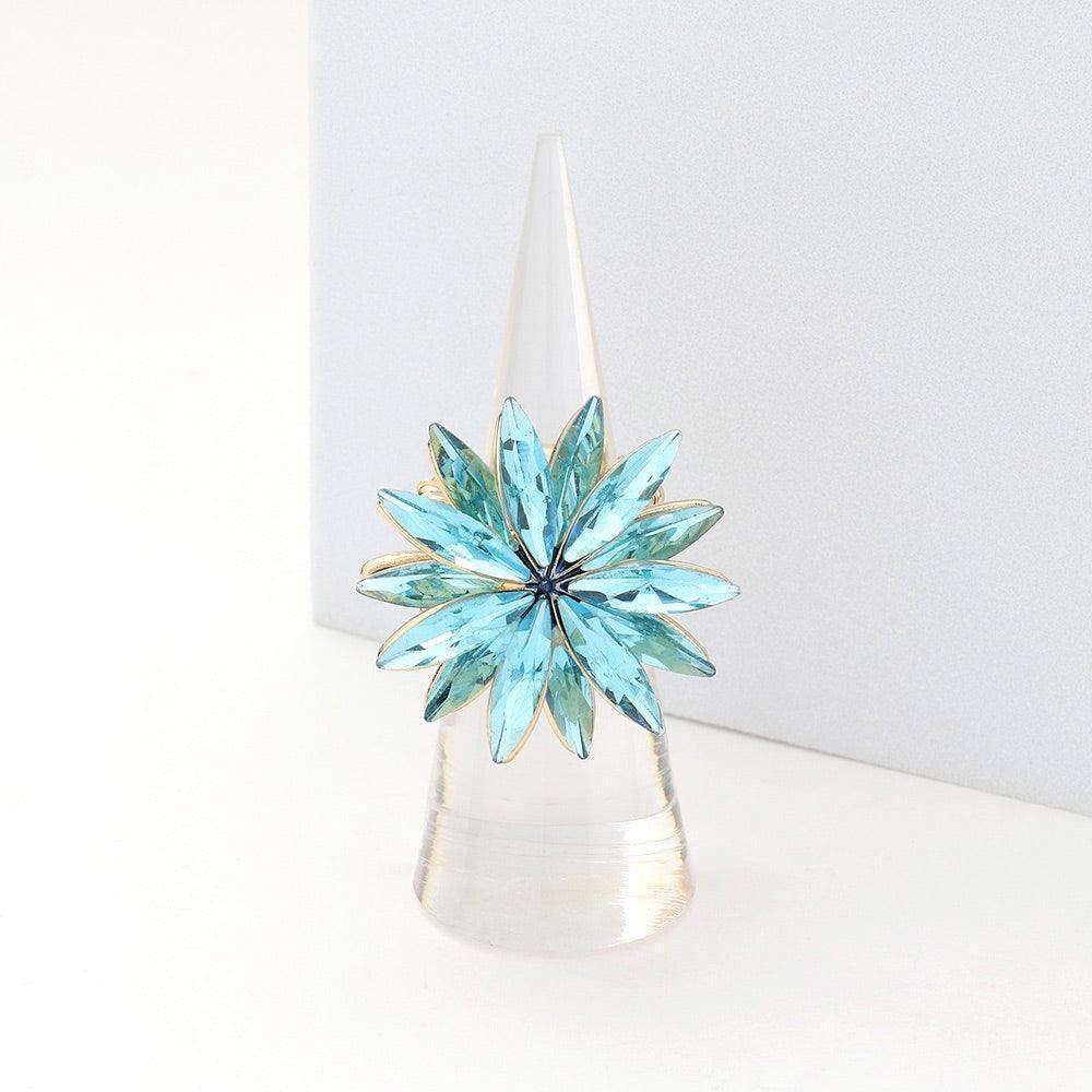 Aqua Crystal Marquise Cluster Floral Stretch Ring - Jewelry Store by Erik Rayo