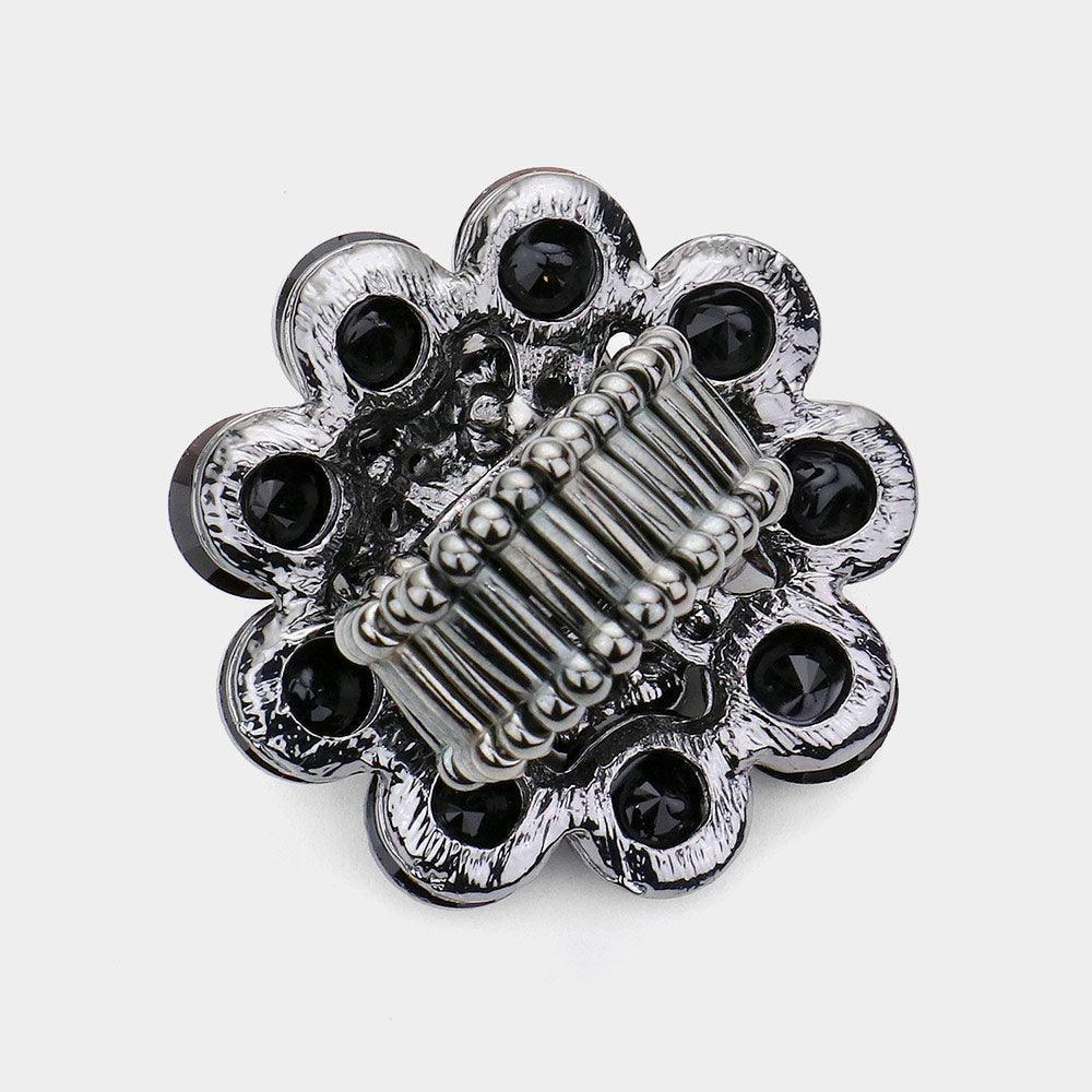 Black Round Crystal Flower Stretch Ring - Jewelry Store by Erik Rayo