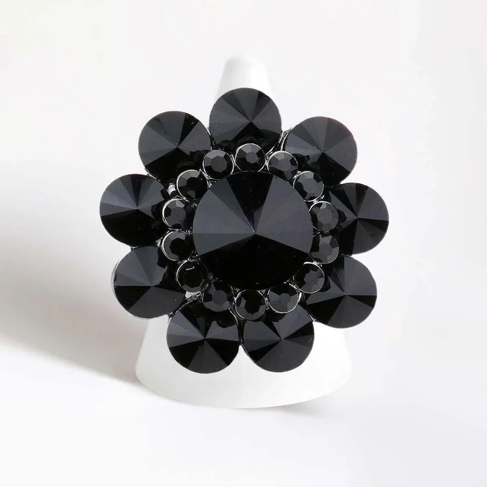 Black Round Crystal Flower Stretch Ring - Jewelry Store by Erik Rayo