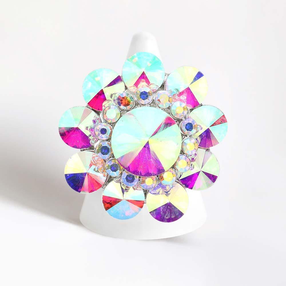 Silver Round Crystal Flower Stretch Ring - Jewelry Store by Erik Rayo