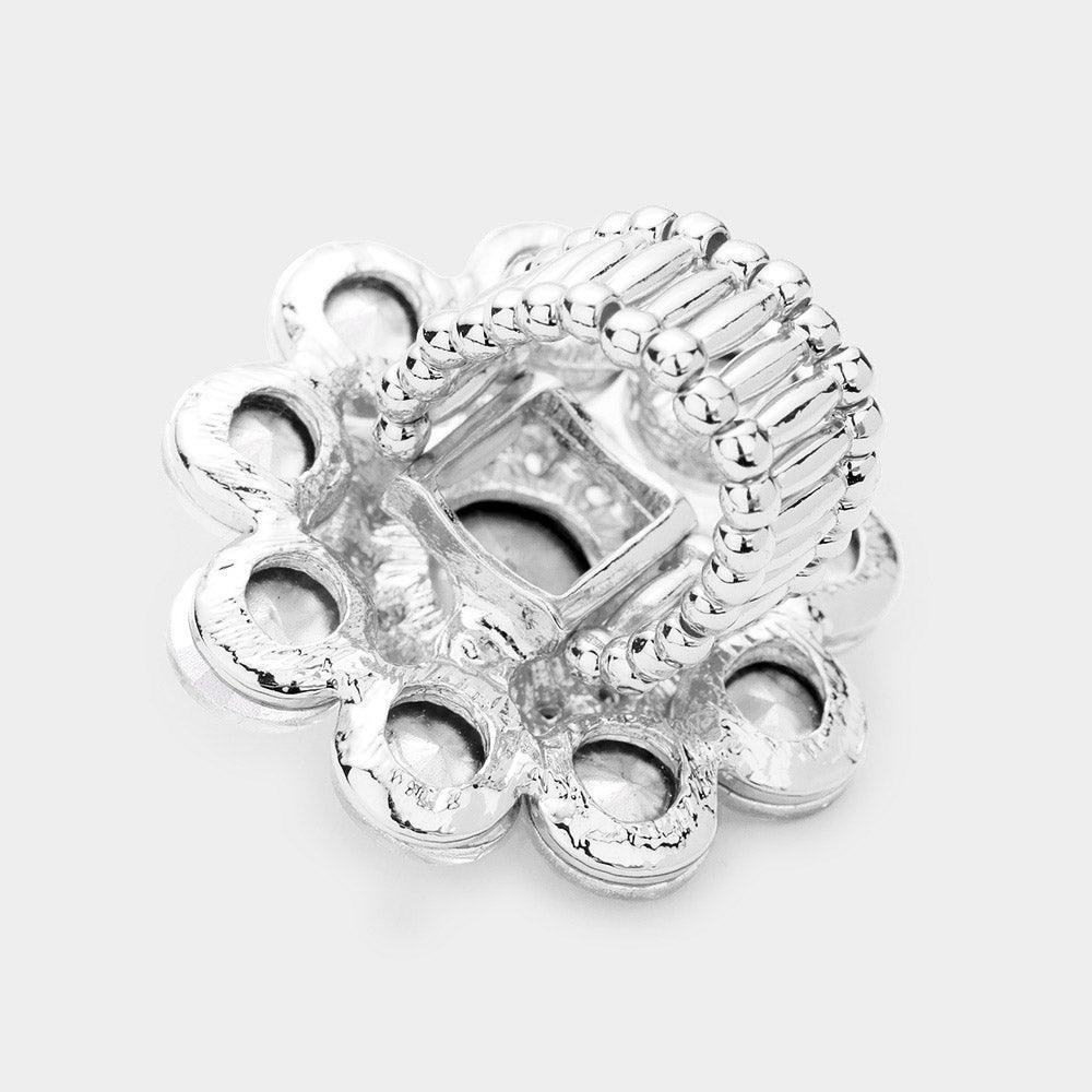 Silver Round Crystal Flower Stretch Ring - Jewelry Store by Erik Rayo