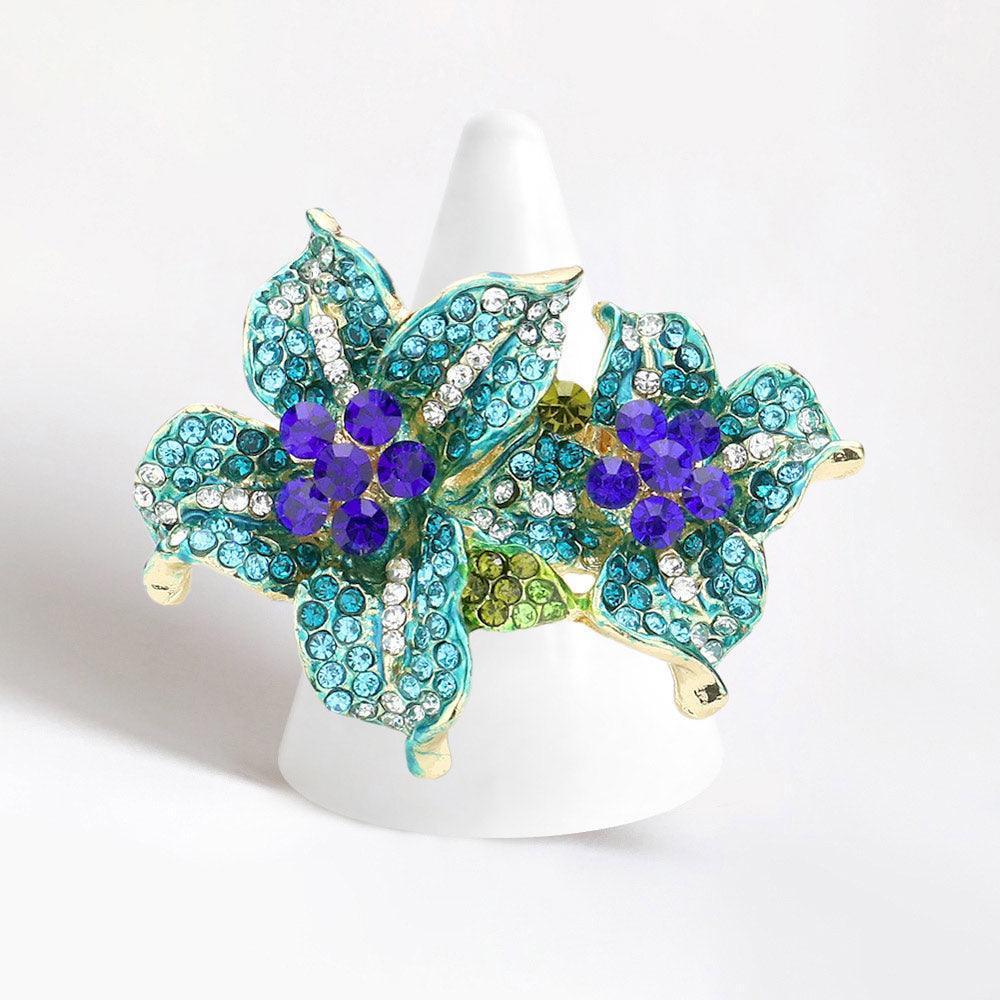 Blue Rhinestone Crystal Bloom Flower Stretch Ring - Jewelry Store by Erik Rayo