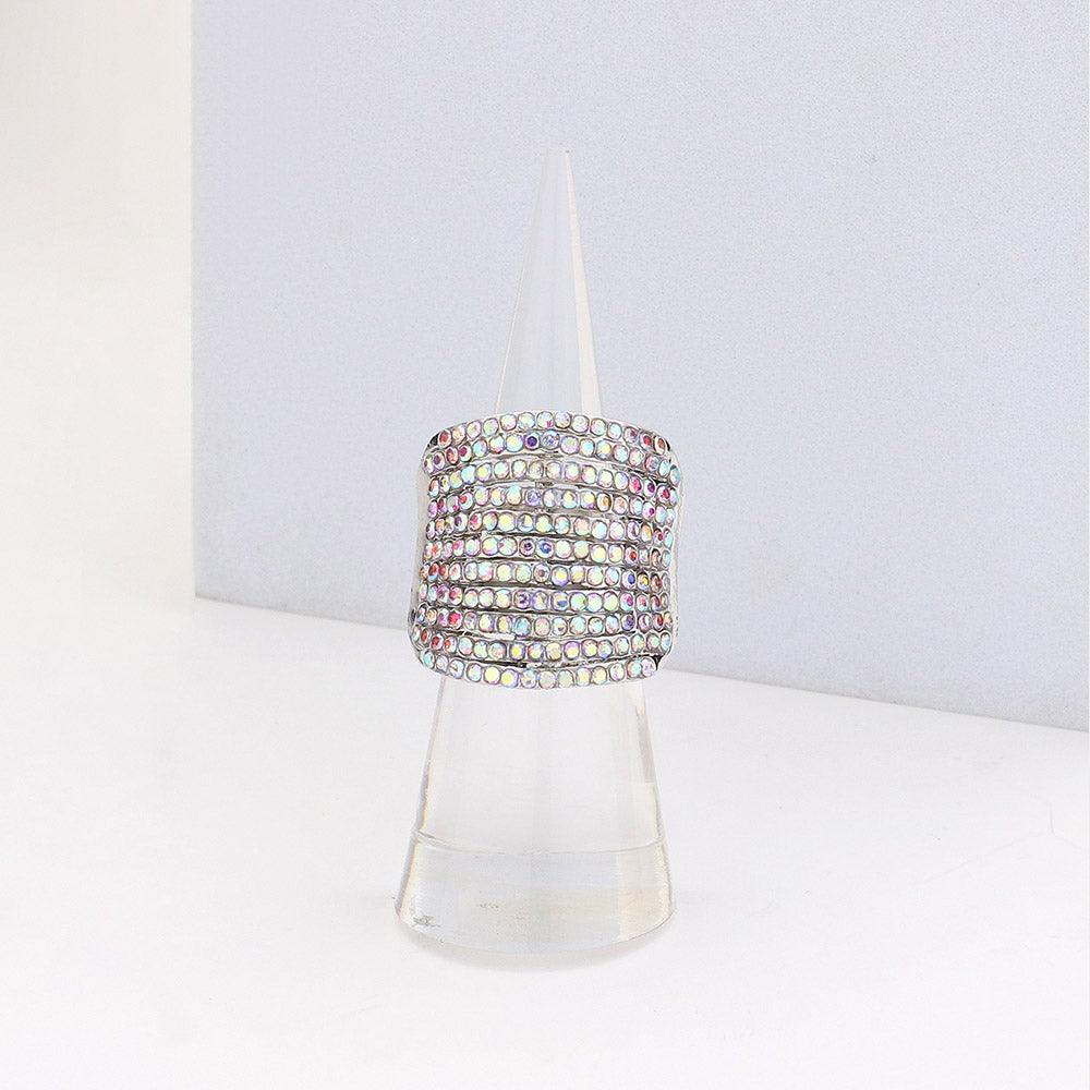 Silver Rhinestone Pave Multi Row Stretch Ring