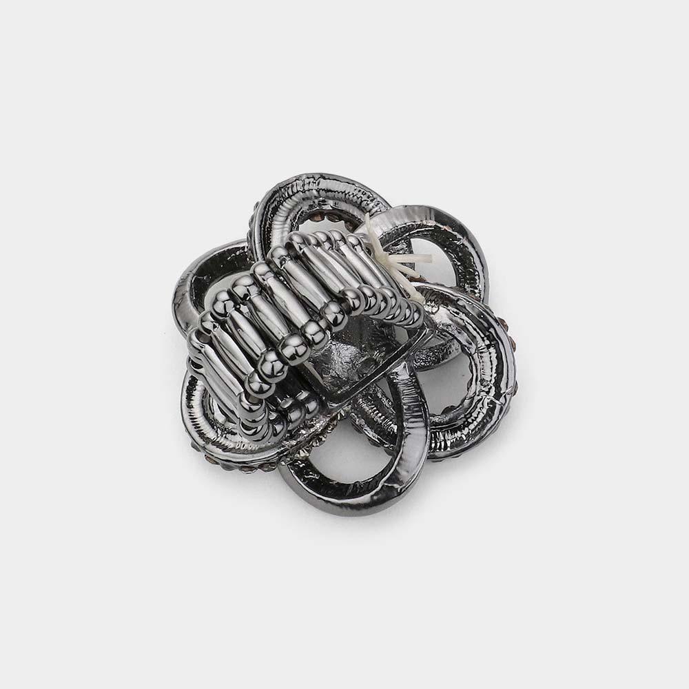 Black Round Stone Centered Flower Stretch Ring - Jewelry Store by Erik Rayo