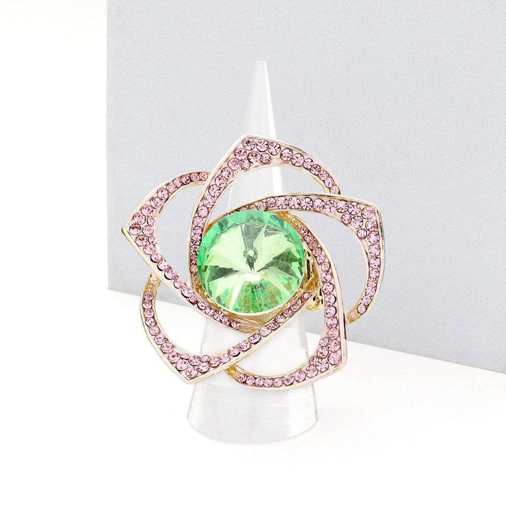 Pink Round Stone Centered Rhinestone Flower Stretch Ring - Jewelry Store by Erik Rayo