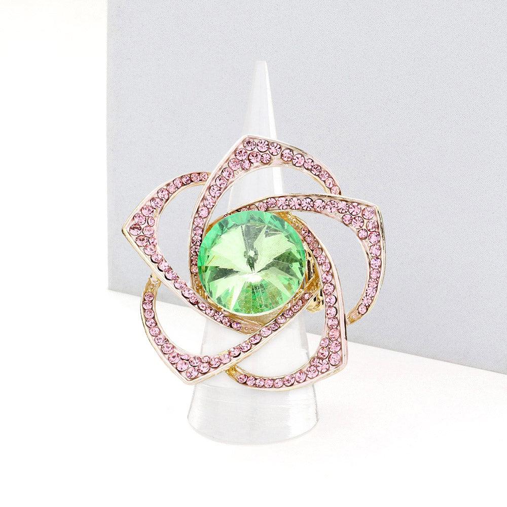 Pink Round Stone Centered Rhinestone Flower Stretch Ring