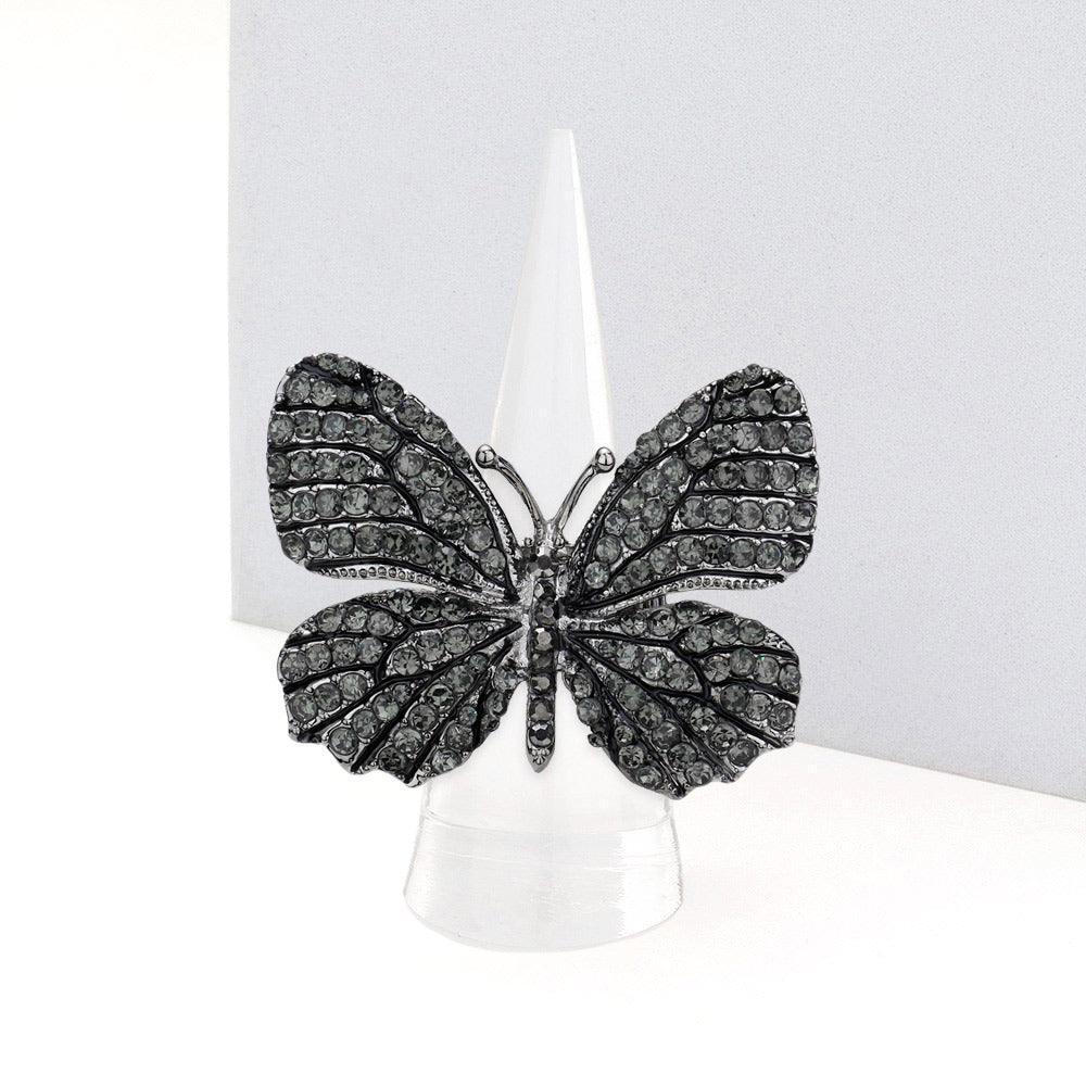 Black Rhinestone Embellished Metal Butterfly Stretch Ring