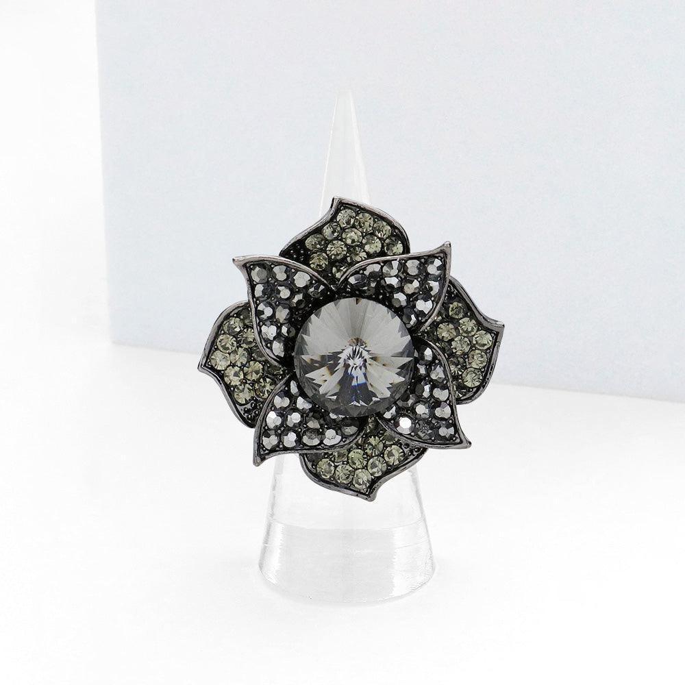 Black Round Stone Centered Flower Stretch Ring - Jewelry Store by Erik Rayo