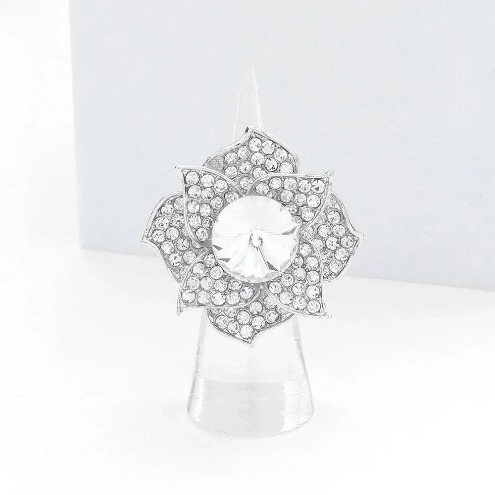 Silver Round Stone Centered Flower Stretch Ring - Jewelry Store by Erik Rayo