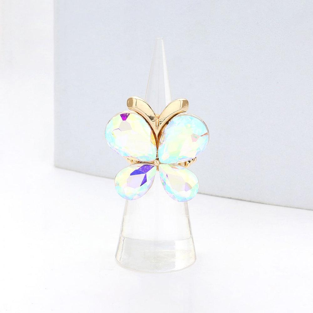 Gold Butterfly Crystal Stone Cluster Stretch Ring